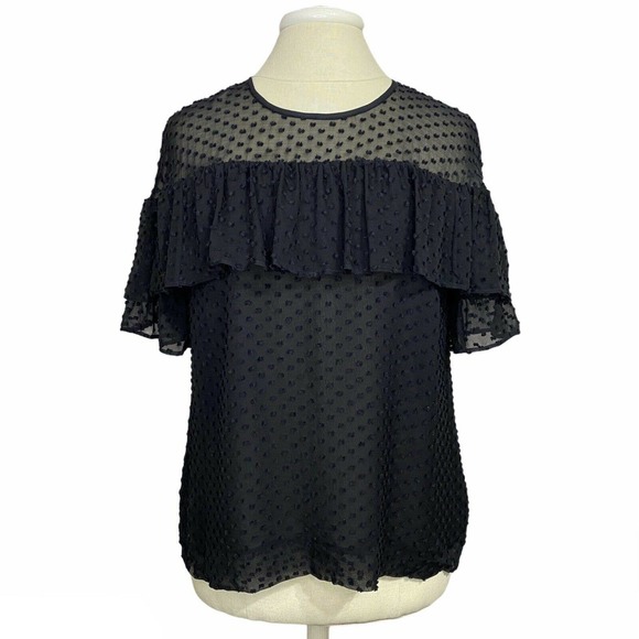 J. Crew Tops - J. Crew Black Edie Textured Dot Ruffle Silk Blouse